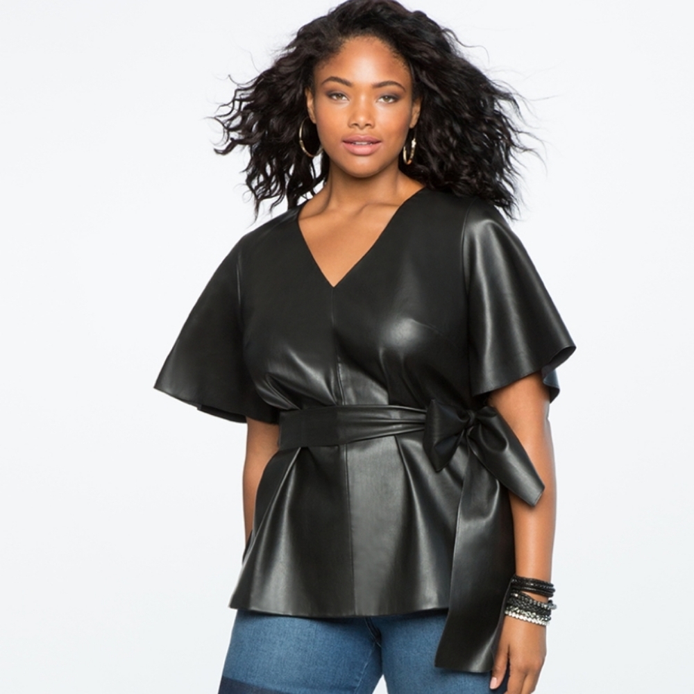Flare Sleeve Tie Waist Faux Leather Top